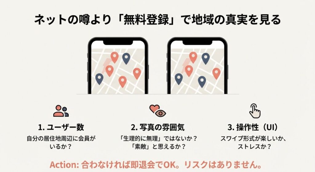 画像タイトル： ネットの噂より自分の目で確認すべき3つのこと

代替テキスト： 無料登録で「ユーザー数」「写真の雰囲気」「操作性」を確認し、合わなければ退会すればリスクはないことを伝えるスライド