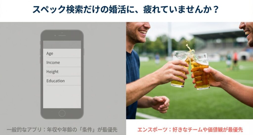 画像タイトル: 条件検索型アプリとエンスポーツのマッチング基準の違い

代替テキスト (Alt Text): 一般的なアプリが年収や年齢などの「条件」を最優先するのに対し、エンスポーツは好きなチームや価値観などの「熱量」を最優先することを示した比較図。