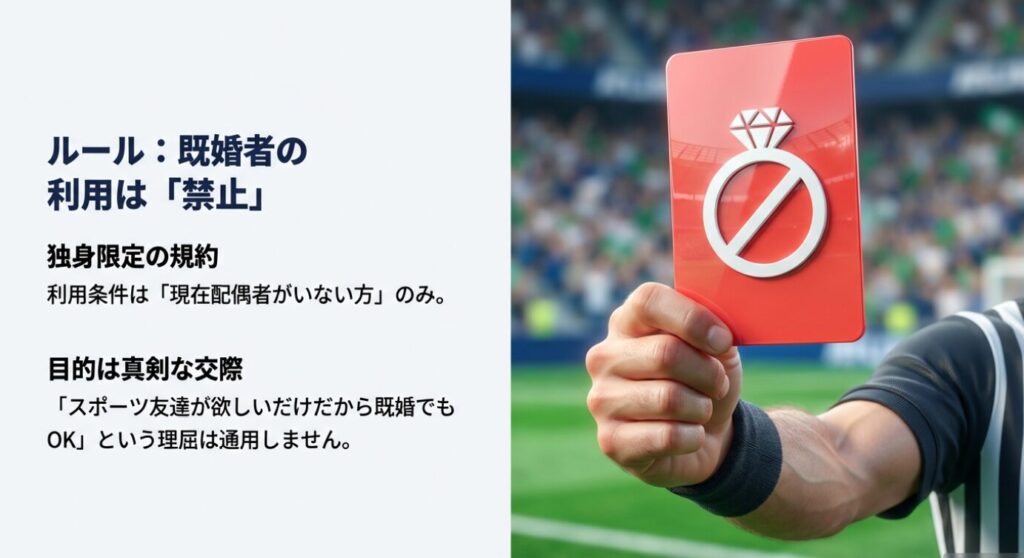 画像タイトル: エンスポーツの利用規約：既婚者は利用禁止

代替テキスト (Alt Text): サッカーのレッドカードに結婚指輪の禁止マークが描かれたイラスト。「既婚者の利用は禁止」「独身限定の規約」というテキストと共に、真剣な交際を目的としていることが示されている。