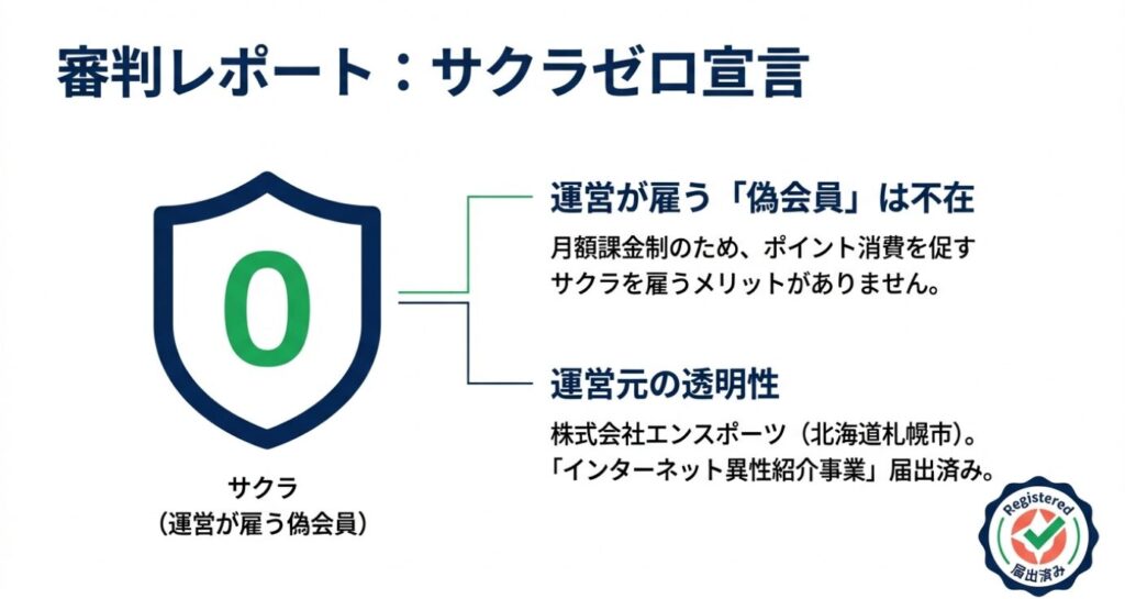画像タイトル: エンスポーツのサクラゼロ宣言と運営体制

代替テキスト (Alt Text): 数字の「0」が書かれた盾のアイコンと「届出済み」のスタンプ。運営が雇う偽会員（サクラ）は不在であること、およびインターネット異性紹介事業の届出済みであることが示されている。