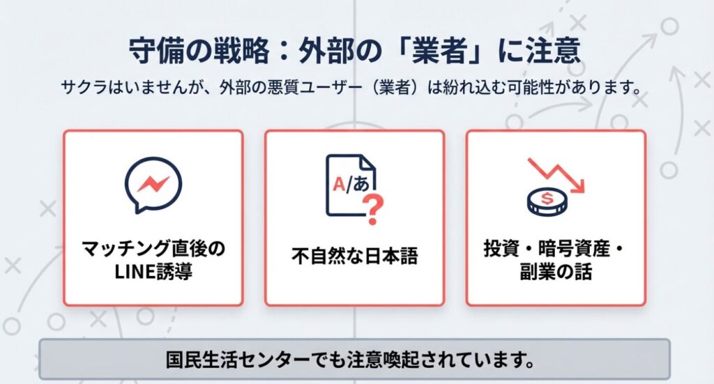 画像タイトル: マッチングアプリに潜む外部業者の特徴と見分け方

代替テキスト (Alt Text): 「守備の戦略」として、外部の悪質ユーザー（業者）の特徴をまとめた図。マッチング直後のLINE誘導、不自然な日本語、投資や副業の話には注意が必要であると警告している。