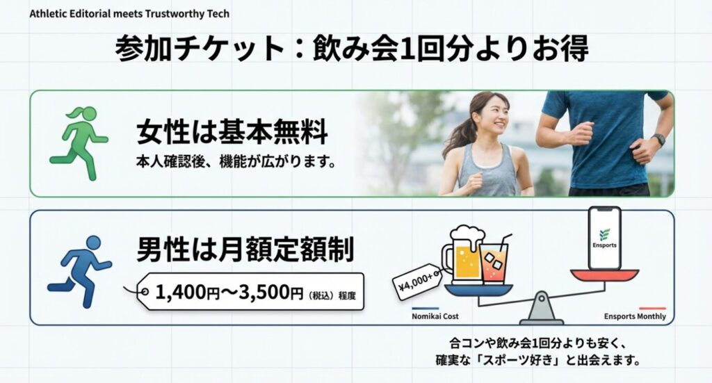 画像タイトル: 飲み会1回分と比較したエンスポーツのコスパ

代替テキスト (Alt Text): 飲み会（約4,000円以上）とエンスポーツの月額料金を天秤にかけたイラスト。合コンや飲み会1回分よりも安く、確実なスポーツ好きと出会えるためコストパフォーマンスが良いことが示されている。