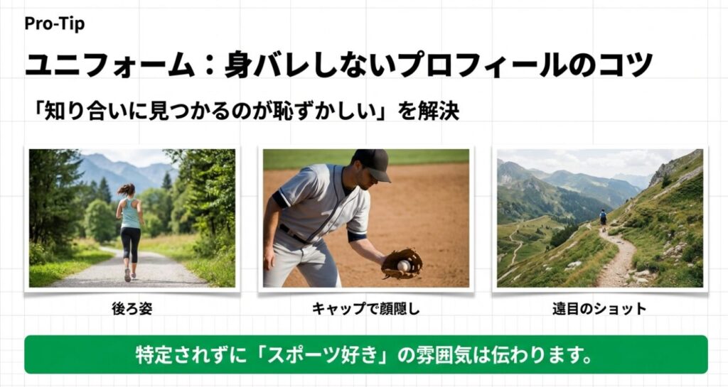 画像タイトル: 身バレを防ぐスポーツ写真の選び方

代替テキスト (Alt Text): ランニングの後ろ姿、野球のキャップ姿、登山の遠目のショットなど、顔を特定されずにスポーツ好きの雰囲気を伝えるための写真の撮り方を紹介したスライド。