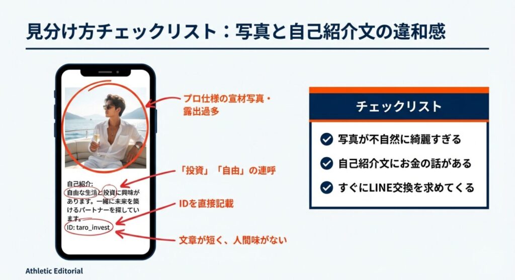 画像タイトル: 要注意プロフィールのチェックポイント


代替テキスト: プロ仕様の宣材写真、投資や自由の連呼、IDの直接記載など、業者によくあるプロフィールの特徴を示したスマホ画面の例 。