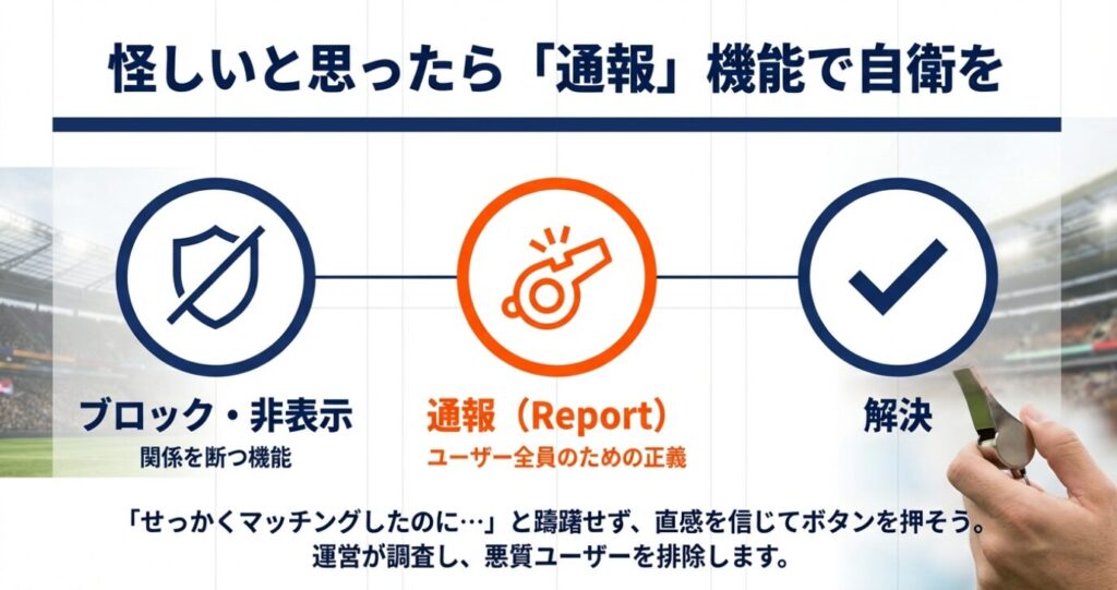 画像タイトル: 通報とブロック機能


代替テキスト: 怪しいと思ったら躊躇なく「通報」や「ブロック」を行うことで、運営が悪質ユーザーを排除できることを示す図 。