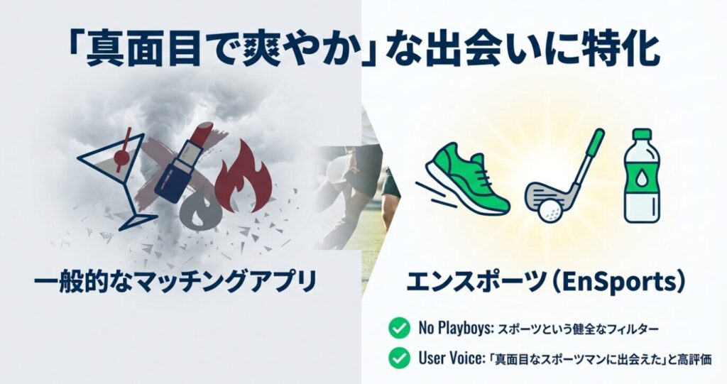 画像タイトル: エンスポーツのユーザー層イメージ・健全な出会い

代替テキスト: アルコールや遊び目的のアイコンにはバツ印がつき、スポーツ関連のアイコンが強調されているイラスト。真面目で健全な出会いを重視するアプリのコンセプトを示している。