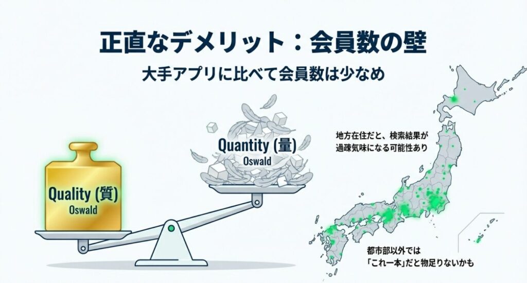 画像タイトル: エンスポーツのデメリット・会員数と質のバランス

代替テキスト: 天秤のイラスト。「量（Quantity）」よりも「質（Quality）」重視であることを示している。また、日本地図で地方在住だと検索結果が少なくなる可能性を注意喚起している図。