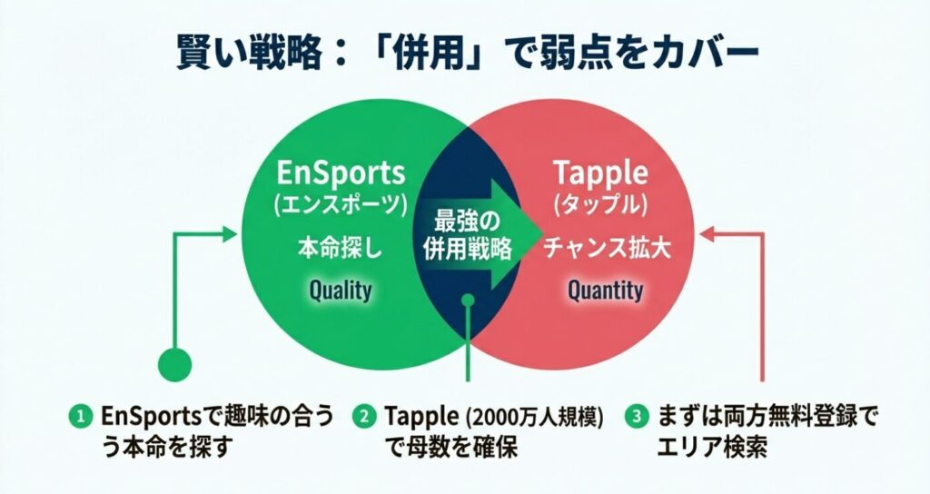 画像タイトル: エンスポーツとタップルの併用戦略・ベン図

代替テキスト: エンスポーツで「本命探し（質）」をし、タップルで「チャンス拡大（量）」を狙うという、マッチングアプリの最強併用戦略を示したベン図。