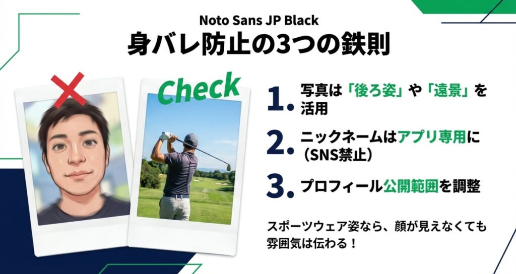 画像タイトル: エンスポーツの身バレ防止テクニック3選

代替テキスト: 身バレを防ぐ3つのポイント。写真は後ろ姿や遠景を使うこと、SNSとは違うニックネームにすること、公開範囲設定を活用することを推奨するイラスト。