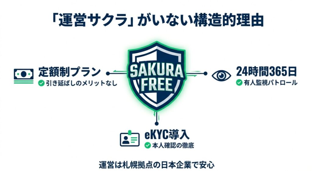 画像タイトル: エンスポーツの安全性・サクラ排除の仕組み

代替テキスト: 「SAKURA FREE」と書かれた盾のアイコン。24時間の有人監視パトロールや、eKYCによる本人確認の徹底を示し、安全性を強調している図。