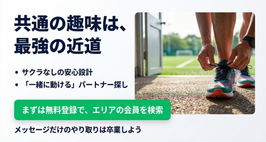 画像タイトル: エンスポーツで会員検索・利用開始イメージ

代替テキスト: ランニングシューズの紐を結ぶ人の足元の写真。「まずは無料登録でエリアの会員を検索」というメッセージが書かれており、利用開始を促している。
