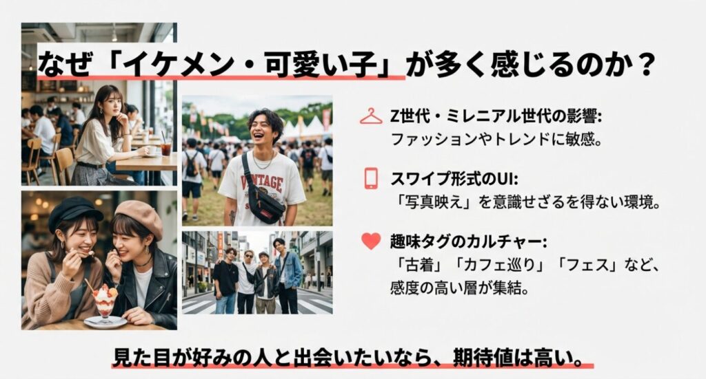 画像タイトル: タップルユーザーの雰囲気と写真の特徴

代替テキスト（Alt）: Z世代・ミレニアル世代が多く写真映えやトレンドに敏感なタップルユーザーの特徴