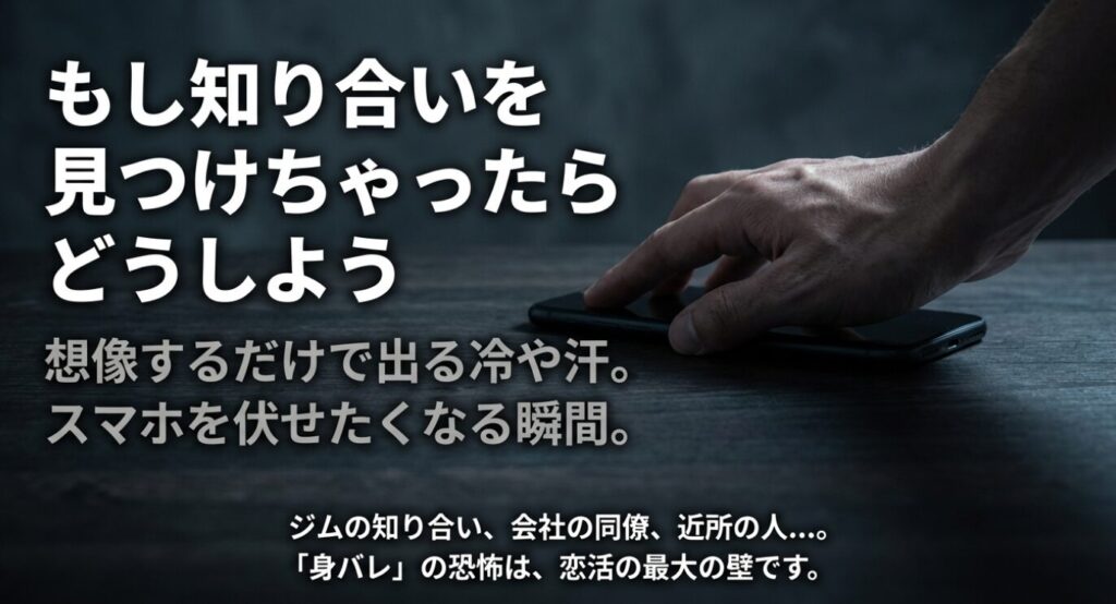 画像タイトル: 身バレの不安と冷や汗

代替テキスト: 「もし知り合いを見つけちゃったらどうしよう」という悩みと、スマホを伏せたくなる瞬間を描いたイラストスライド。