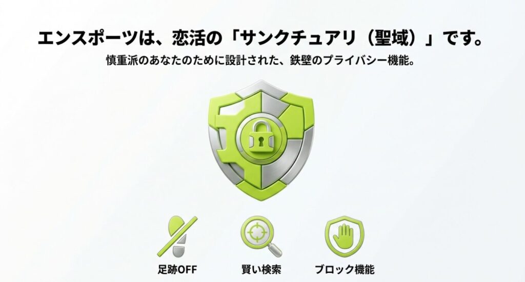 画像タイトル: 鉄壁のプライバシー機能

代替テキスト: 盾（シールド）のアイコンを中心に、「足跡OFF」「賢い検索」「ブロック機能」など、身バレを防ぐための機能一覧が描かれたスライド。