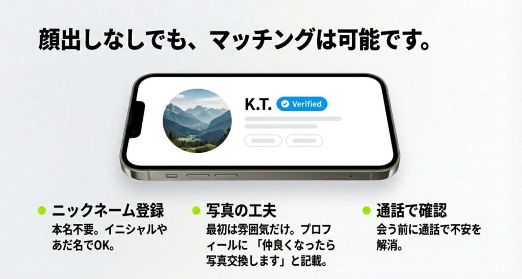 画像タイトル: 顔出しなしのプロフィール戦略

代替テキスト: ニックネーム登録や、最初は雰囲気だけの写真を使用し、通話で確認してから会うというステップを解説したスライド。