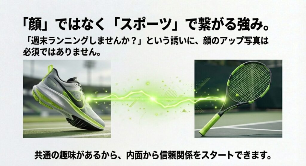 画像タイトル: スポーツで繋がる魅力

代替テキスト: ランニングシューズとテニスラケットの写真。「週末ランニングしませんか？」といった誘いに顔のアップ写真は必須ではないことを伝えるスライド。