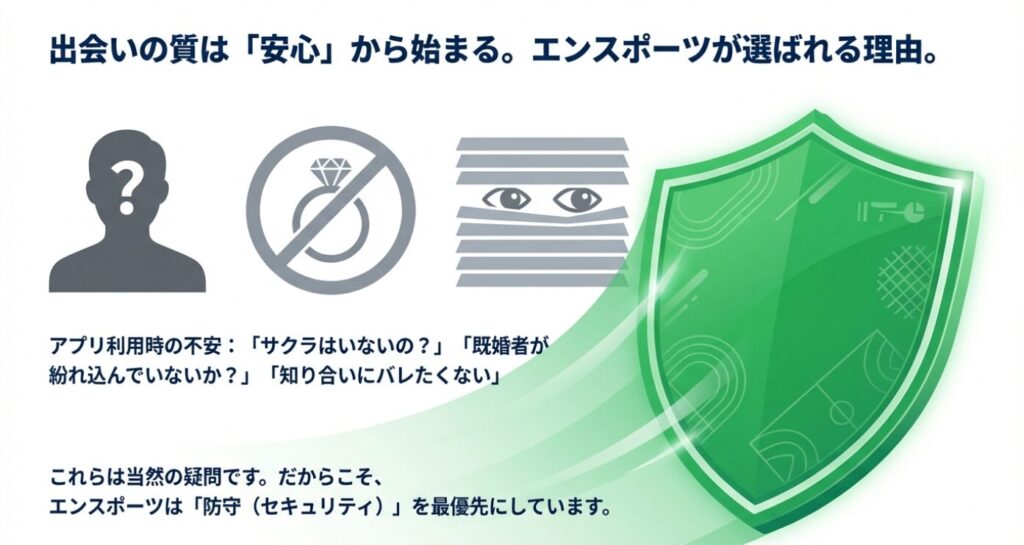 画像タイトル: 利用開始前の不安と疑問


代替テキスト: 「サクラはいないの？」「既婚者はいない？」といったユーザーが抱きがちな不安や疑問を挙げ、セキュリティを最優先にする姿勢を示したスライド。