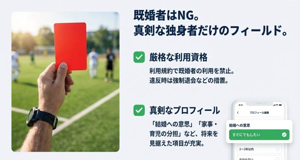 画像タイトル: 既婚者利用不可のレッドカード


代替テキスト: レッドカードを掲げる審判の手の画像と、結婚への意思を選択するプロフィール設定画面のイメージ。
