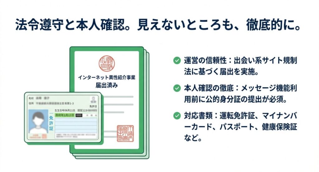 画像タイトル: 事業届出と本人確認書類


代替テキスト: 「インターネット異性紹介事業届出済み」の証書イラストと、運転免許証などの本人確認書類のイメージ図。