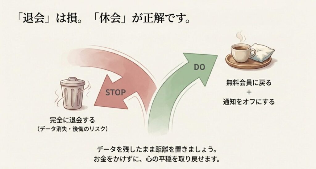 画像タイトル: ペアーズ退会と無料会員移行の比較

代替テキスト: 完全に退会してデータを失うリスクと、無料会員に戻って通知をオフにし、データを保持したまま休息するメリットを比較したイラスト