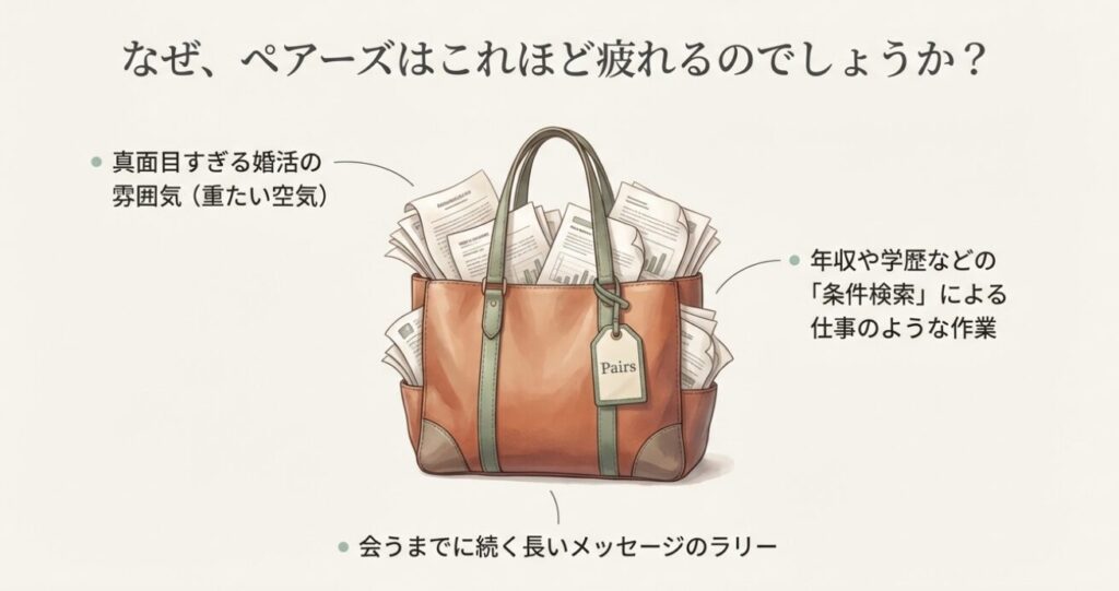 画像タイトル: ペアーズの条件検索疲れの原因

代替テキスト: 真面目すぎる婚活の雰囲気や、年収・学歴などの条件検索による作業感が、ペアーズ疲れの原因であることを示した図解
