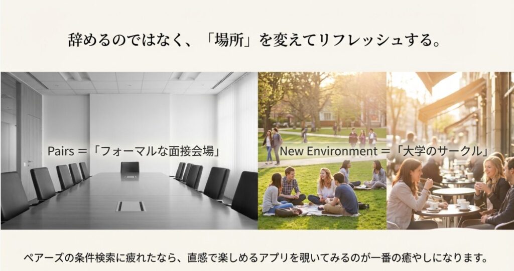 画像タイトル: ペアーズとタップルの雰囲気の違い

代替テキスト: ペアーズを「フォーマルな面接会場」、新しい環境を「大学のサークル」に例え、リラックスして出会える雰囲気の違いを比較した画像