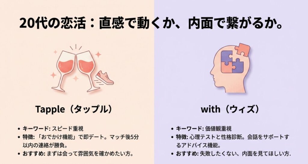 画像タイトル: 20代の恋活比較：直感のタップル vs 内面のwith

代替テキスト（Alt）: 左側に乾杯するワイングラスのイラストで「スピード重視のタップル」、右側にパズルのピースがはまる頭部のイラストで「価値観重視のwith」を表現した比較スライド。