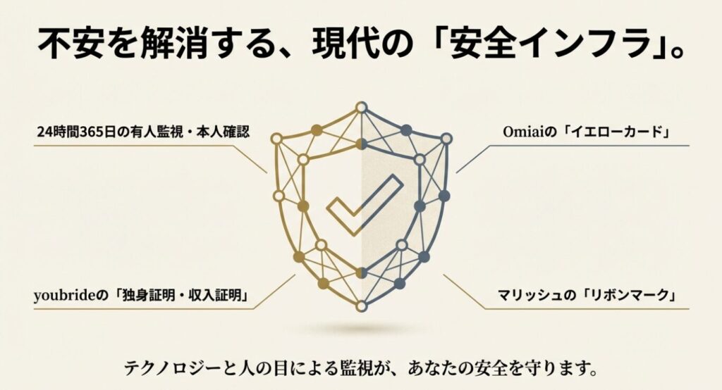 画像タイトル: マッチングアプリの安全対策：有人監視と各社のシステム

代替テキスト（Alt）: 中央の盾（シールド）のアイコンを中心に、24時間監視、ユーブライドの証明書、Omiaiのイエローカード、マリッシュのリボンマークが、ユーザーを守る「安全インフラ」として機能している図。