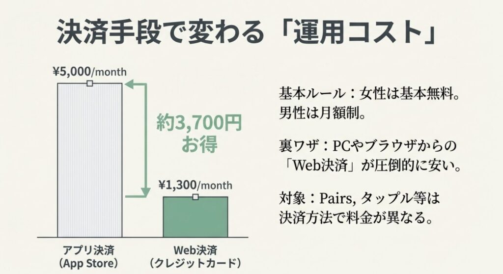 画像タイトル: 決済手段によるコスト比較：Web決済の圧倒的メリット

代替テキスト（Alt）: アプリ決済（月額5,000円）とWeb決済（月額1,300円）の棒グラフ比較図。「約3,700円お得」と強調されており、ブラウザからの課金（クレジットカード決済）がいかにコストパフォーマンスが良いかを可視化している。