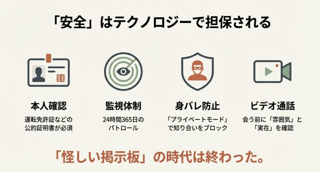 画像タイトル: 現代の安全インフラ：テクノロジーによる保護機能

代替テキスト（Alt）: 盾（シールド）と監視の目のアイコン。「安全はテクノロジーで担保される」という見出しのもと、本人確認、24時間監視、身バレ防止、ビデオ通話の4つの主要な安全機能が紹介されている。