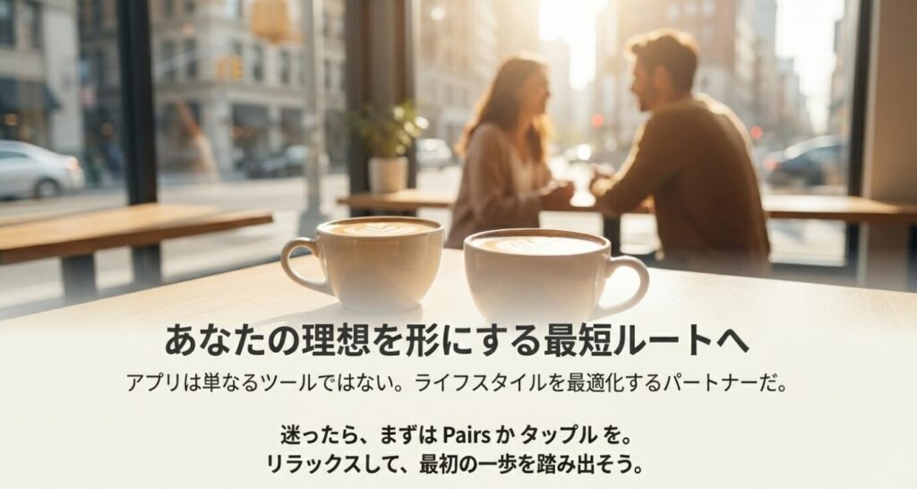 画像タイトル: 理想を形にする最短ルートへ

代替テキスト（Alt）: 記事の締めくくりとなるメッセージスライド。「アプリは単なるツールではない。ライフスタイルを最適化するパートナーだ」という文章と共に、迷ったらまずはPairsかタップルから始めるよう促している。