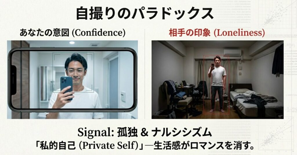 画像タイトル： 自撮りのパラドックスとNG例

代替テキスト： 自撮りが「孤独」や「ナルシシズム」を感じさせるリスクがあることを示し、生活感の出すぎる部屋での自撮りや、威圧感を与える下からのアングルの例を示した画像。