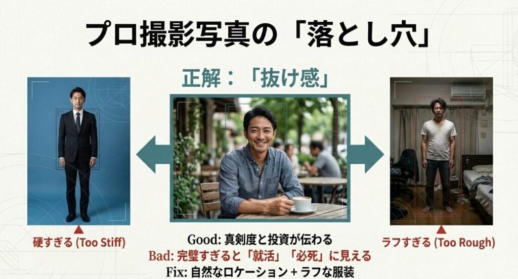 画像タイトル： プロ撮影の正解「抜け感」

代替テキスト： 硬すぎるスーツ姿のプロ写真（就活風）と、自然なロケーションでリラックスした服装のプロ写真（正解例）を比較し、真剣度と親しみやすさの両立を解説するスライド。