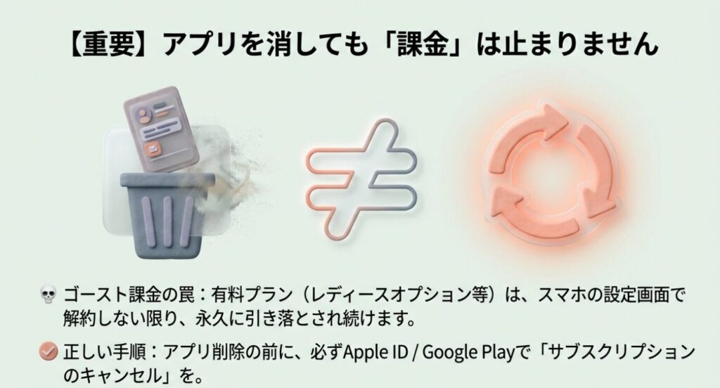 画像タイトル: 重要_有料会員の課金解約忘れに注意

代替テキスト: アプリをアンインストールしただけでは課金が止まらないため、スマホの設定からサブスクリプション解約が必要であることを警告するスライド