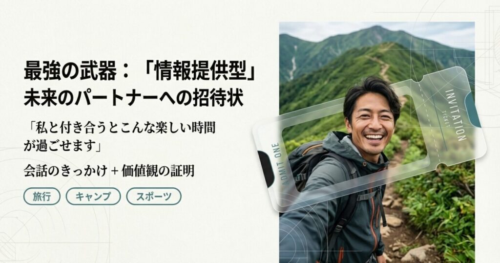 画像タイトル： 情報提供型：未来への招待状

代替テキスト： 登山中の笑顔の写真に「INVITATION（招待状）」のチケットが重なっているイラスト。趣味を通じて「二人で過ごす楽しい未来」を想起させる効果を解説。