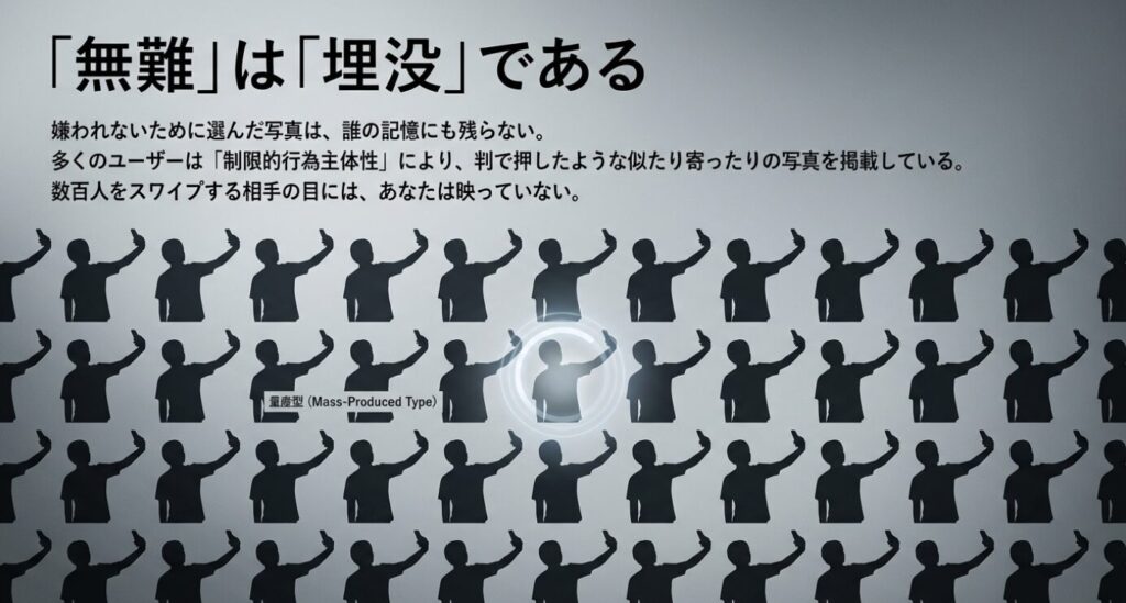 画像タイトル： 量産型プロフィールの埋没リスク

代替テキスト： 同じポーズで自撮りをする人々のシルエットが並び、その中に埋もれる一人の姿。「『無難』は『埋没』である」という文字と共に、制限的行為主体性によって個性が消えるリスクを警告する図解。