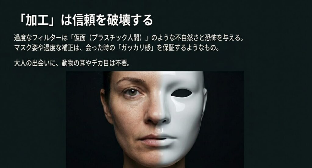 画像タイトル： 過度な加工が与える「恐怖」

代替テキスト： 「『加工』は信頼を破壊する」というタイトル。過度なフィルターが不自然さ（プラスチック人間のような恐怖）を与え、会った時の落胆につながることを警告するスライド。