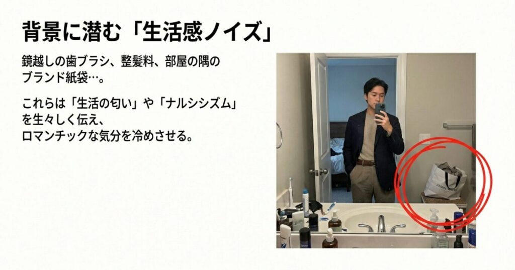 画像タイトル： 背景に潜む生活感ノイズの罠

代替テキスト： 「背景に潜む『生活感ノイズ』」というタイトル。鏡越しの自撮りに写り込む日用品がナルシシズムを感じさせ、ロマンチックな気分を削ぐことを解説するスライド。