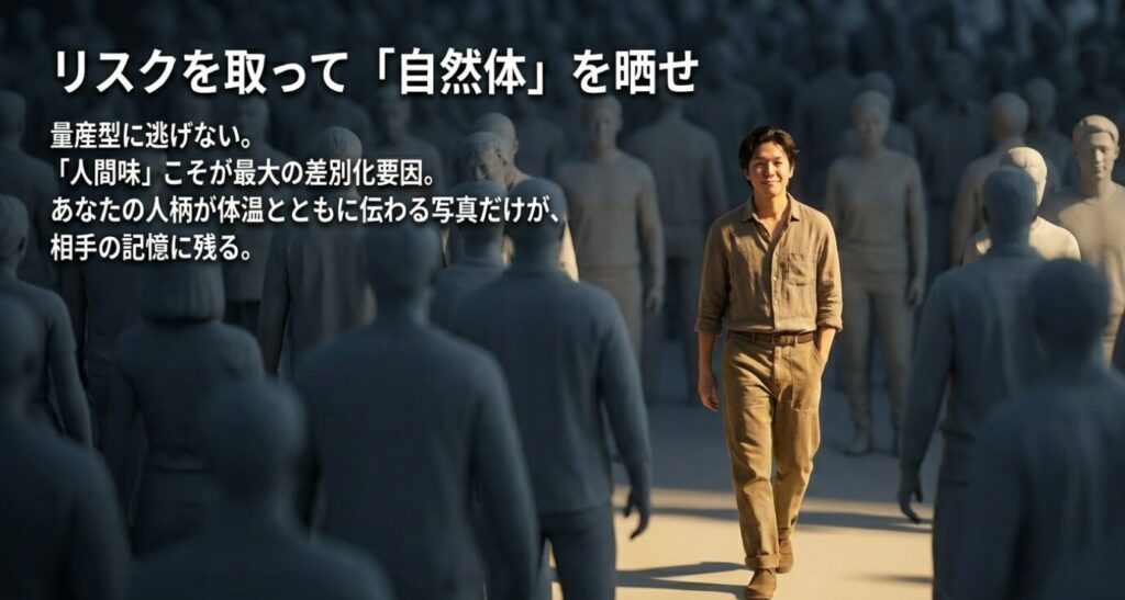 画像タイトル： 自然体こそが最大の差別化

代替テキスト： 「リスクを取って『自然体』を晒せ」という力強いメッセージ。人間味こそが量産型ユーザーの中で差別化要因になることを伝えるテキストスライド。