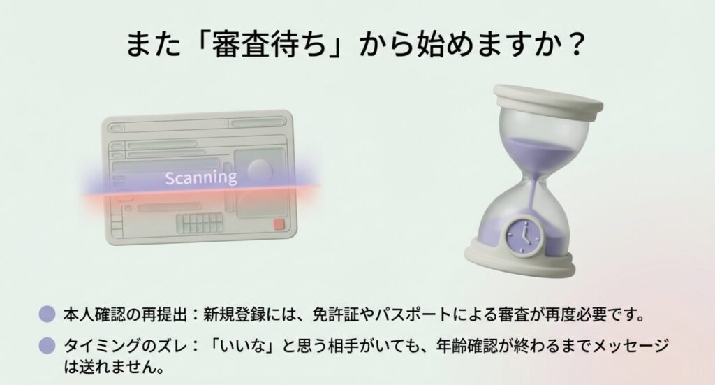 画像タイトル: 退会によるデータ消失リスト

代替テキスト: ペアーズを退会するとプロフィール、マッチング履歴、本人確認ステータスなどが全て削除され、復元できないことを説明したスライド