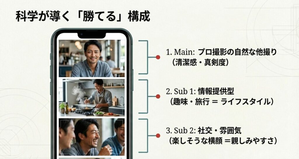 画像タイトル： 科学が導く「勝てる」構成案

代替テキスト： 1枚目にプロ撮影の自然な他撮り、2枚目に趣味のライフスタイル写真、3枚目に社交的な雰囲気の横顔写真という、理想的な写真の並び順を提案するスライド。