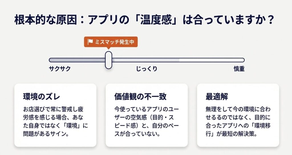 画像タイトル: アプリの温度感のミスマッチ

代替テキスト: お店選びで疲労感を感じる根本的な原因は、自身の問題ではなく利用しているアプリの環境や温度感のズレにあることを示すスライド