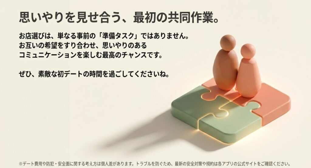 画像タイトル: 思いやりを見せ合う共同作業代替テキスト: お店選びはお互いの希望をすり合わせ、思いやりのあるコミュニケーションを楽しむ最高のチャンスであるというまとめのスライド 