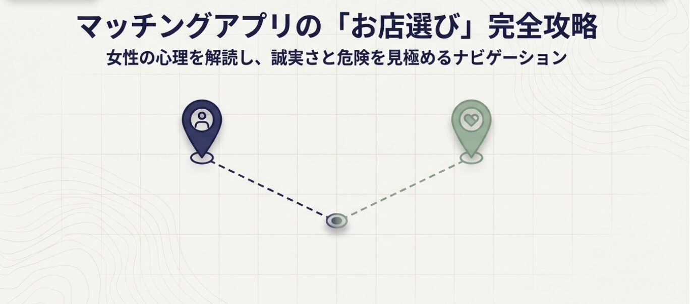 「マッチングアプリの「店選び」極意」というメインタイトルと、「デート前から始まる、最高の関係の作り方」というキャッチコピーが記載された表紙スライド画像 。マッチングアプリにおけるお店選びの大切さを視覚的に伝えています。