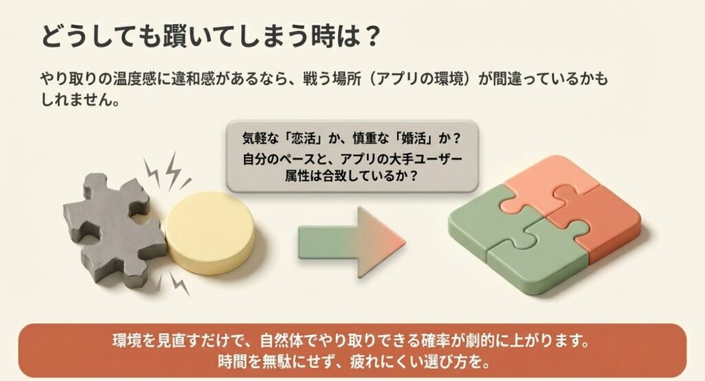 画像タイトル: アプリ環境の見直し


代替テキスト: お店選びで躓く時はアプリの環境やユーザー属性と自分のペースが合っていない可能性があるため、環境を見直すことを勧めるスライド