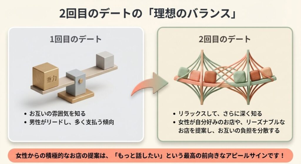 画像タイトル: 2回目のデートの店選びバランス


代替テキスト: 1回目は男性がリードし、2回目は女性がリーズナブルなお店を提案して負担を分散するという、2回目のデートの理想のバランスを表したスライド