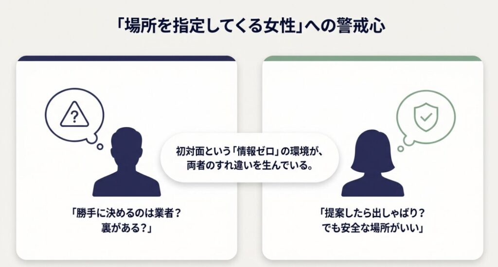 画像タイトル: 場所を指定してくる女性への警戒心

代替テキスト: 初対面の情報ゼロの環境で、場所を指定してくる女性に対する男性の警戒心や疑問を表したイラスト