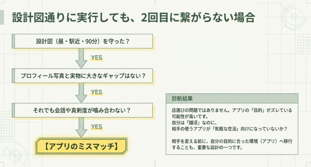 画像タイトル: 2回目につながらない時のアプリ相性診断
代替テキスト: 昼・駅近・90分の設計を守っても2回目につながらない場合は、プロフィールや会話だけでなくアプリの目的との相性を見直す必要があることを示したスライド