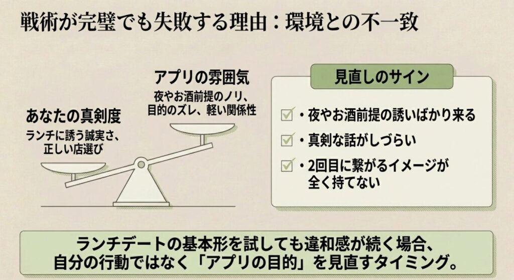 画像タイトル: ランチデートが続かない時のアプリ見直しサイン
代替テキスト: 自分の真剣度とアプリの雰囲気が合わない場合、夜やお酒前提の誘いが多くなり、2回目につながりにくいことを示したスライド