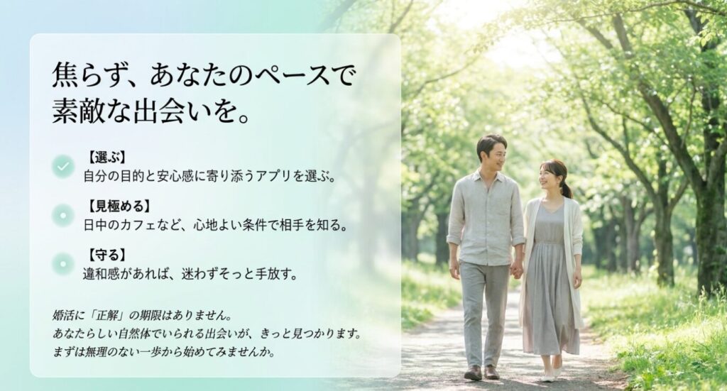 画像タイトル: 焦らず自分のペースで出会いを広げるまとめ
代替テキスト: 30代女性が目的と安心感に合うアプリを選び、違和感があれば手放しながら自分のペースで出会うまとめ